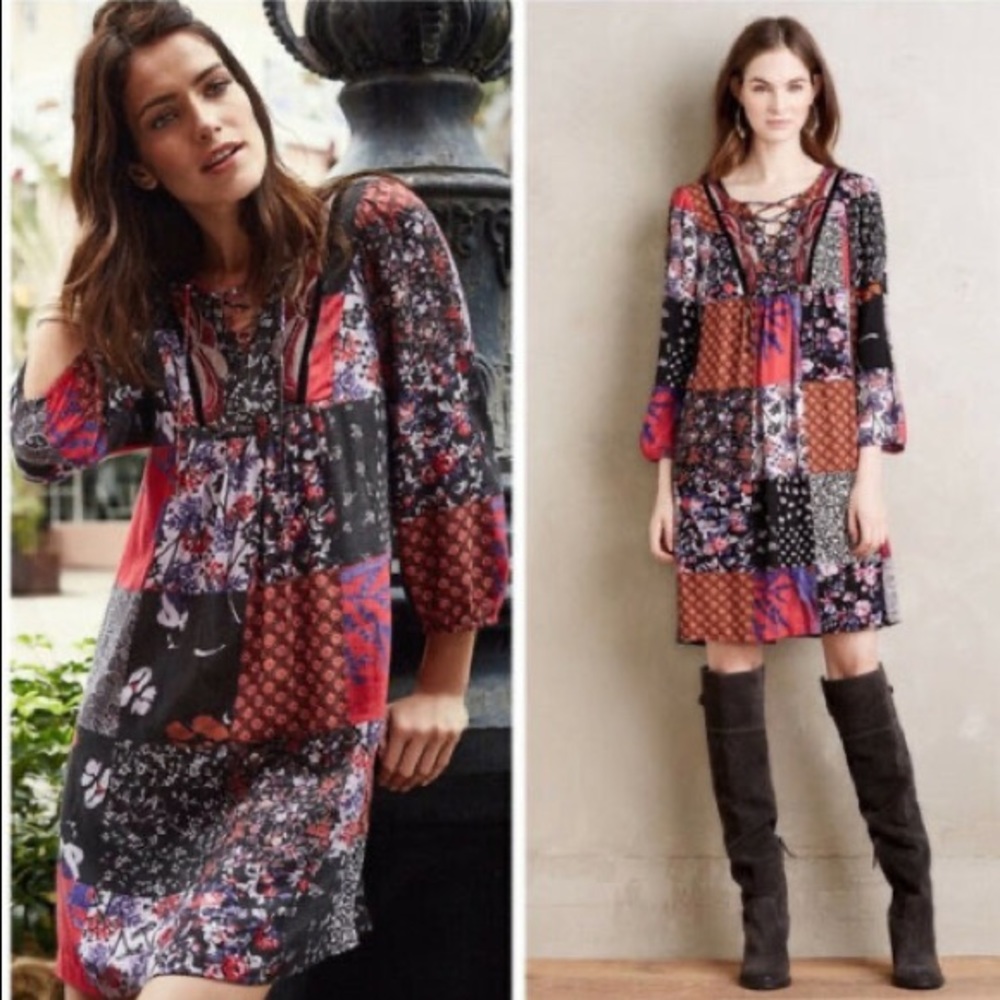 Anthropologie Long Sleeve Dress- Patchwork Multicolored